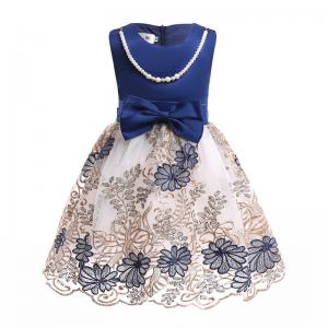 Quality O-Neck Satin Girl Dress Embroidered Mesh Dress Dark Blue Pearl Necklace Dresses Disfraz Rapunzel Niña Enfant Girls Winte wholesale