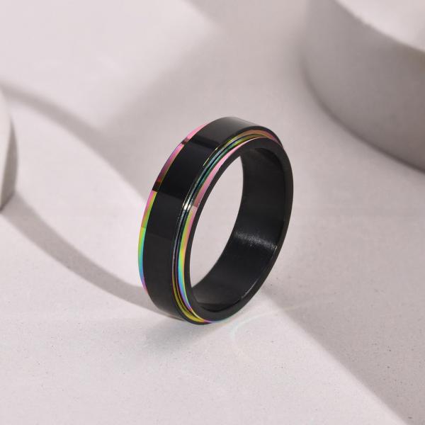 Black Rainbow Stainless Steel Worry Stress Relieve Ring Band Set With Channel Setting