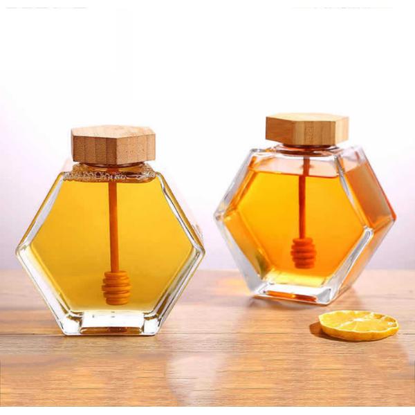Custom SGS Glass Storage Bottles Hexagon Honey Jars 0.5L To 1L Wooden Lid