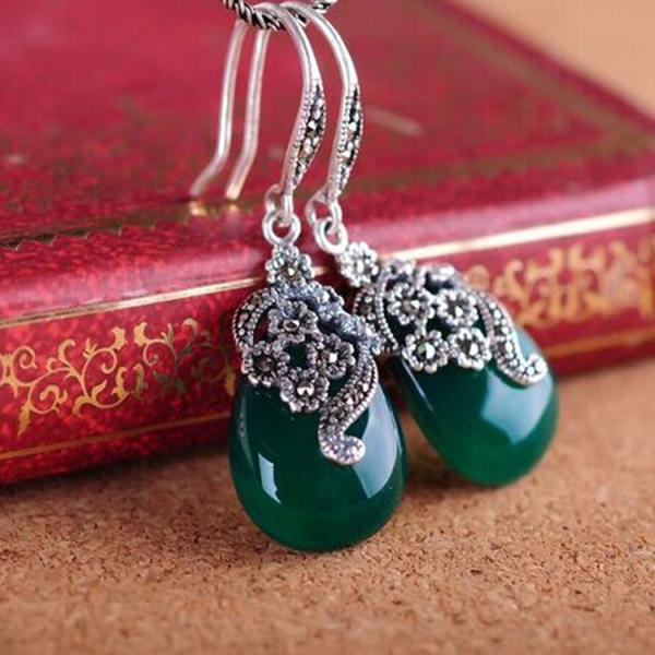 Retro Jewelry Thai 925 Silver with Marcasite Green Agate Earrings(LR1036GREEN)