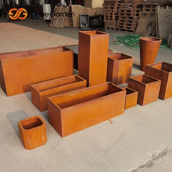 Square Corten Steel Rustic Metal Planter Boxes Laser Cutting