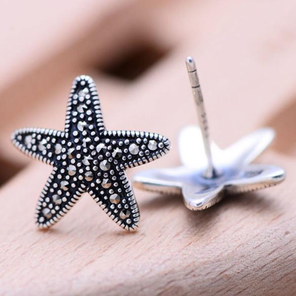 Starfish Design Thai 925 Silver Earrings Pave Marcastie Retro Women Jewelry(028249)