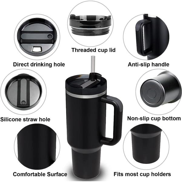 40 Oz Tumbler With Handle And Straw Black Sweat Proof Stainless Steel Insulated Double Wall Tumblers With Lids And Straws BPA-Free