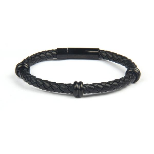 Black Stainless Steel Men's Charm Bracelet Polished Braided Leather Wrap Bracelet