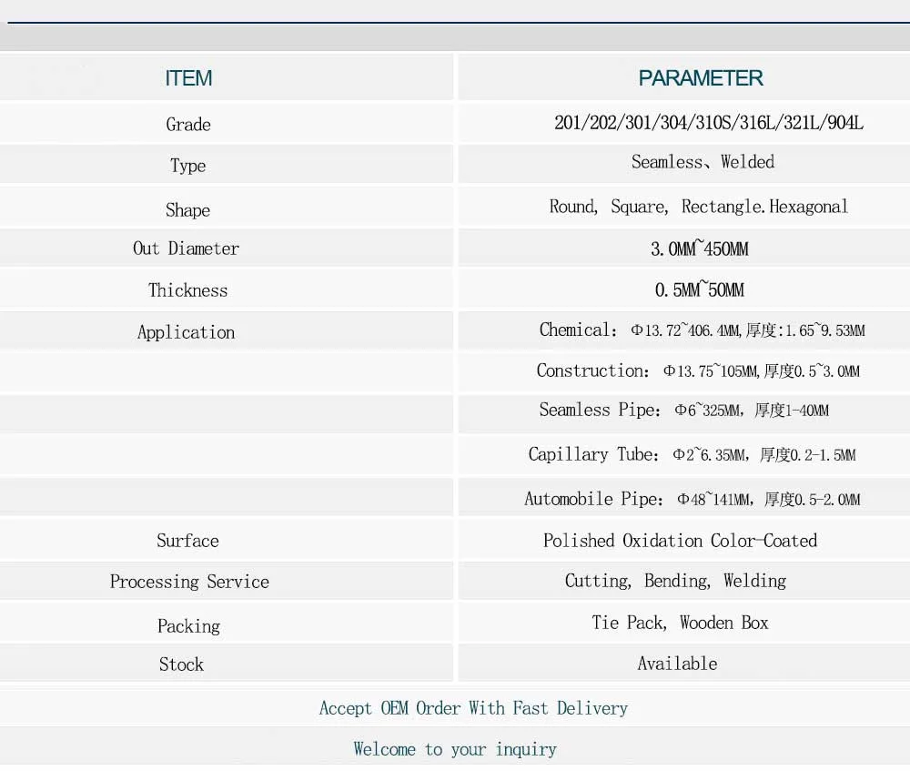 Corrosion Resistance Stainless Steel Tube Pipe 304l 316l 201 316 317