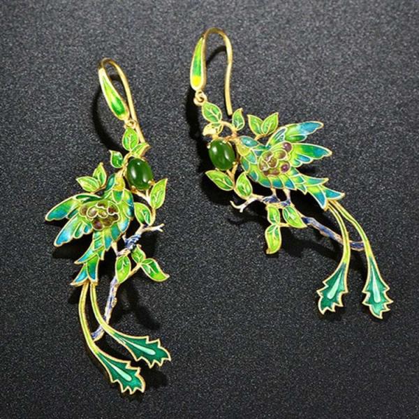 Gold Plated Stering Silver Drop Earrings with Enamel Phoenix Style Fashion Jewelry(E6050601GREEN)