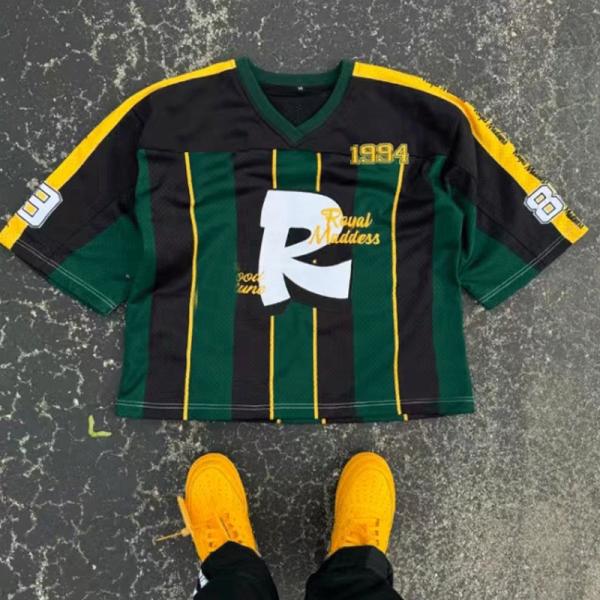 Embroidery Print Logo Oversized Streetwear T Shirt Mesh V Neck Football Jersey T Shirt