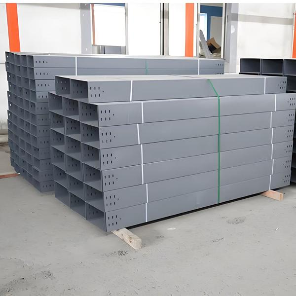 Close-up view of the cable tray's straight slot design and durable finish