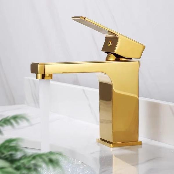 Polished Golden Brass Sanitary Ware Faucet Single Handle Wash Basin Tap