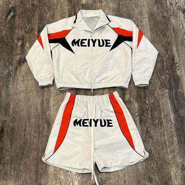 Custom Logo Windbreaker Nylon Sweatshirt Streetwear Vintage Zip up Hoodie and Flared Sweatpants Set Oversized Tracksuit for Men