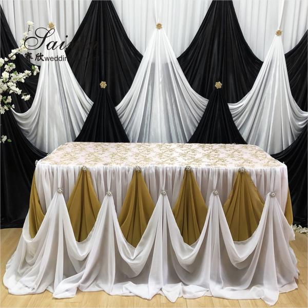 New design double drape white cloth curtains cross valance for wedding Decorative backdrop