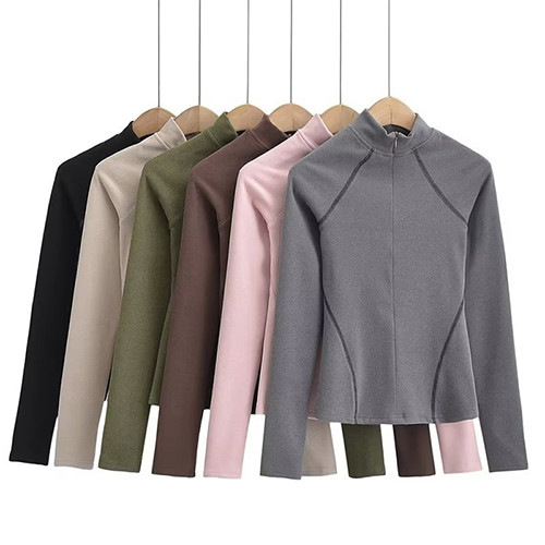 2023 Spring Double Sided German Velvet Raglan Sleeve Zipper Bottom Top Women'S T-Shirt