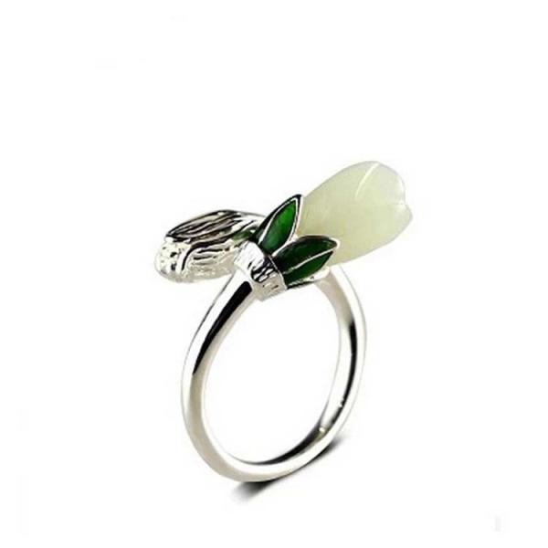 Adjustable Retro Enamel 925 Sterling Silver Natural Hetian Jade Ring (R1706191)