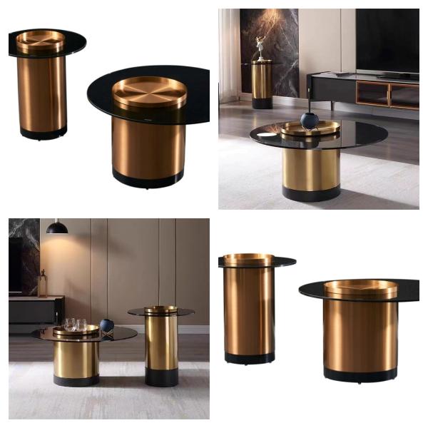 Reflective Stainless Steel Glass End Table , Tempered Black Glass Coffee Table Set