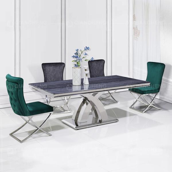 UK Style 0.57cbm Grey Marble Dining Table Stainless Steel Cross Leg