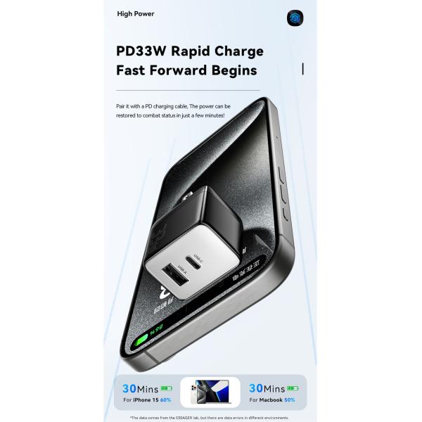 ESSAGER ES-CD39 33W 2 Ports PD Gan Charger 30W USB C Power Adapter