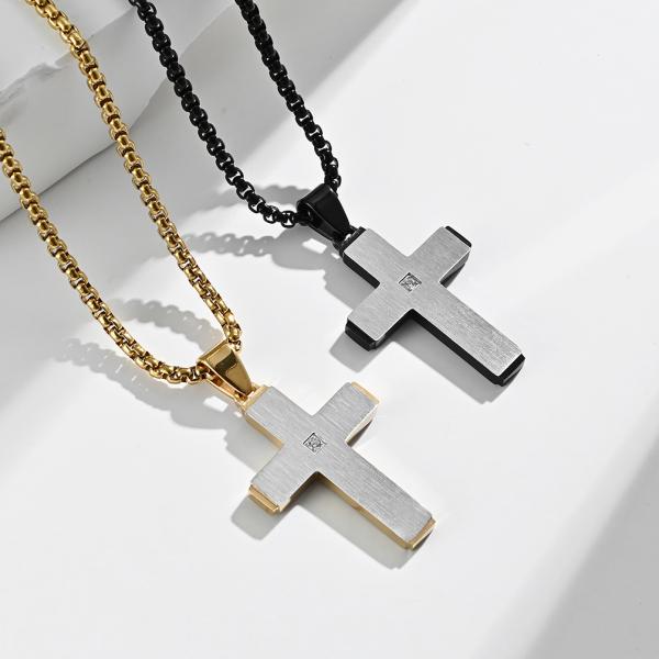 Men's Cross Pendant Necklace in Black Satin and Stainless Steel Unique Style
