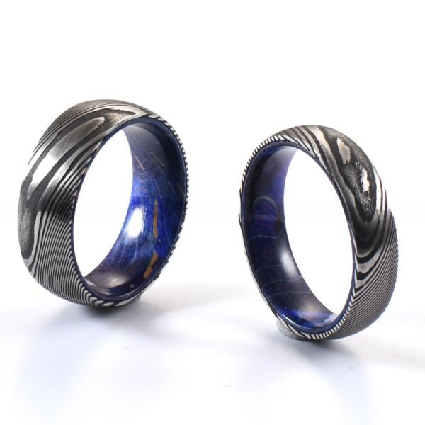 Etched Damascus Wedding Rings 6mm 8mm With Blue Purple Wood Sleeve Inlay