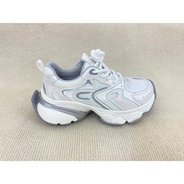 Women white running shoes with thick soled and breathable mesh upper