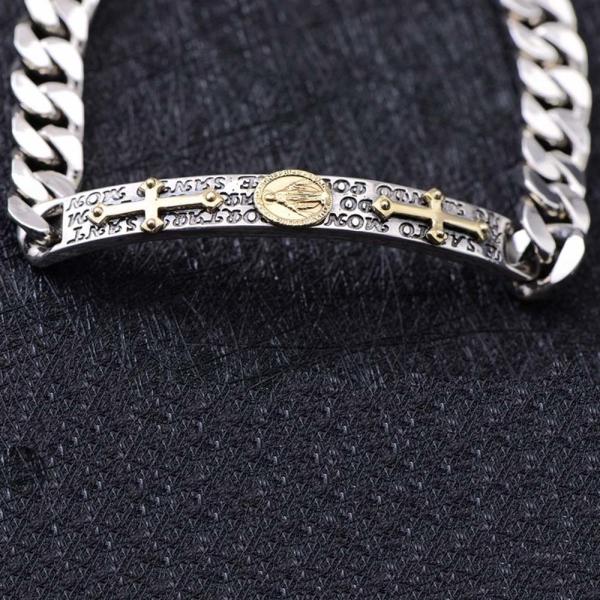 925 Sterling Silver Chunky Curb Chain Link Cross Charm ID Bracelet (XH058592)