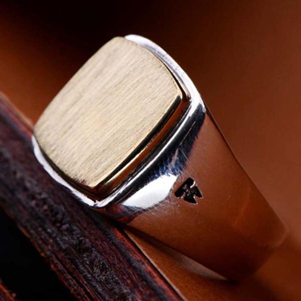 925 Sterling Silver Golden Two Tone Suqare Men Ring(060452)