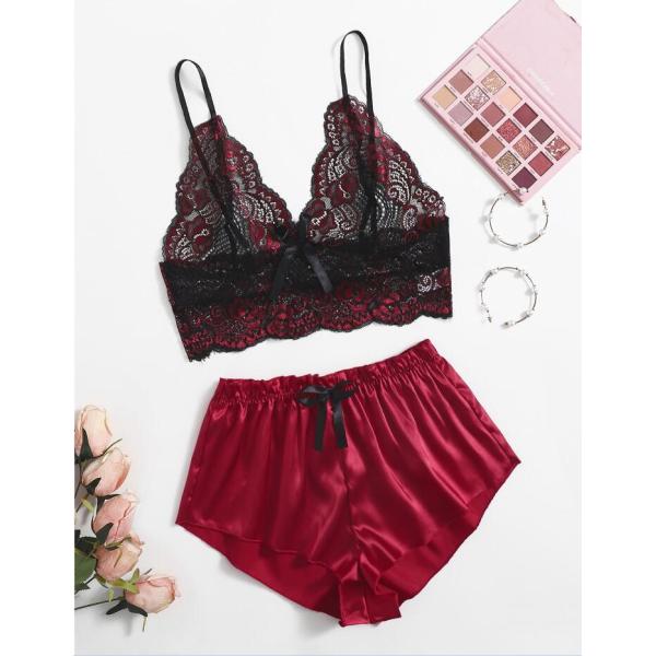 Mature Thin Sleepwear Silk Fabric Lace Bra Underwear Set Sexy Lingerie For Hot Girl