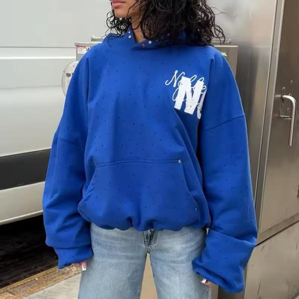 Custom logo Sweatshirt Embroidery Screen Print Transfers Sweatshirt Pullover French Terry Boxy Sweatshirt with Rhinestone Hooded