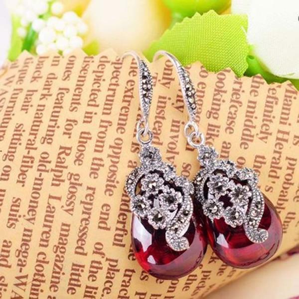 Retro Jewelry Thai 925 Silver with Marcasite Garnet Earrings(LR1036RED)