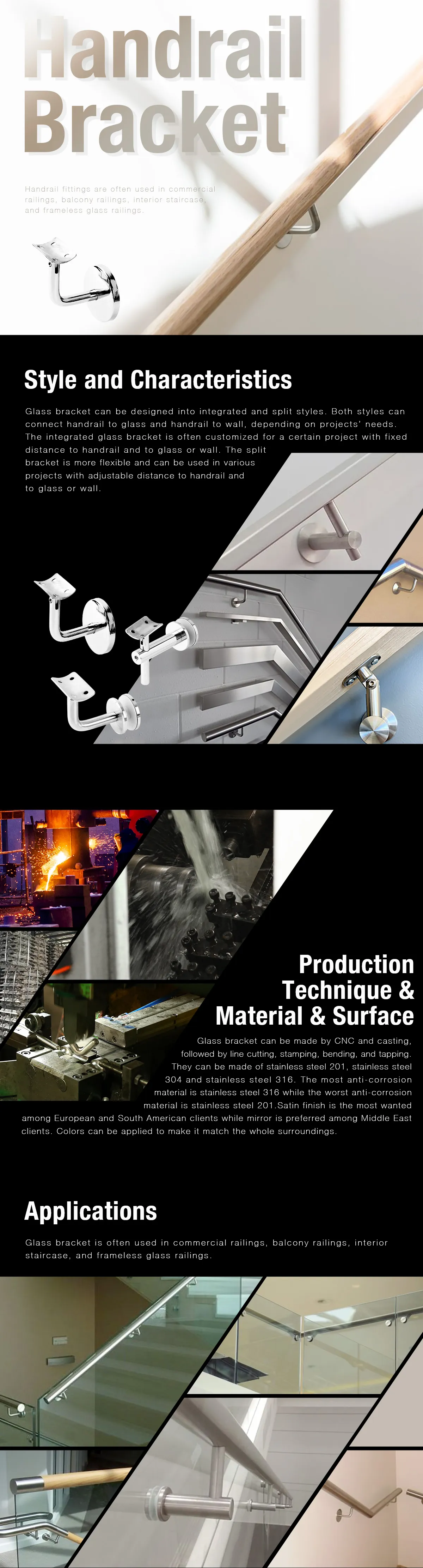 Stainless Steel 304 Handrail Bracket Holder Support Balustrade Fittings Wall Mount