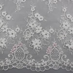 Quality 3D Flower Beaded Lace Fabric , Embroidery Lace Tulle Fabric For Bridal Dresses wholesale