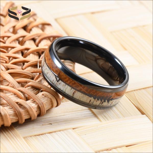 Men Tungsten Carbide Wedding Ring with Antler Black Arrow Whiskey Barrel Wood Inlay