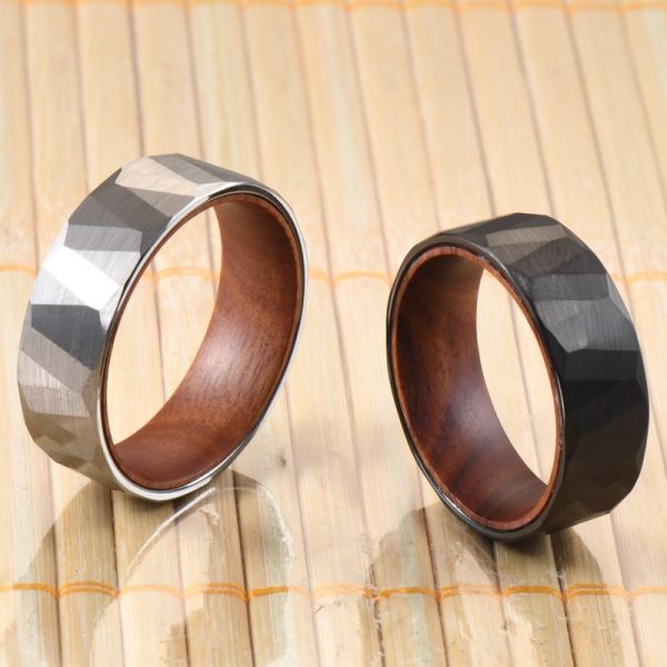 8mm Faceted Silver Black Iron Wood Sleeve Inlay Tungsten Ring Plating black for Men Women Inlay technology Channel setting