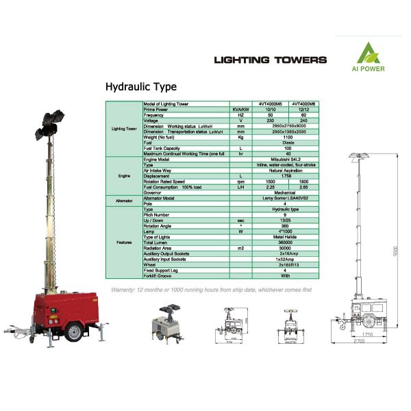 4X1000w 7m 9m Portable Generator Light Tower Trailer Mounted