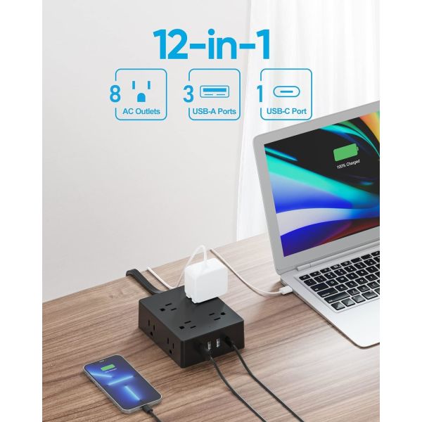 Surge Protector Power Strip Flat Plug Wall Mounted 8 Wide Outlets With 4 USB Ports 5FT