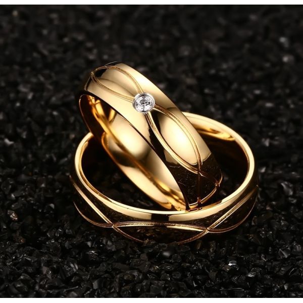 Channel Setting Stainless Steel Promise Rings Gold Filled White CZ For Couples Wedding Engagement