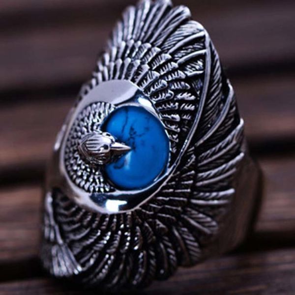 Thai Silver Eagle Vintage Style Men's Ring with Turquoise (R6030809)