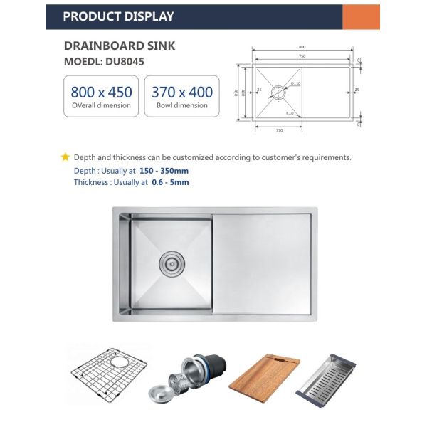 16 Gauge 32 Undermount Single Bowl Kitchen Sink With Drainboard 80x45