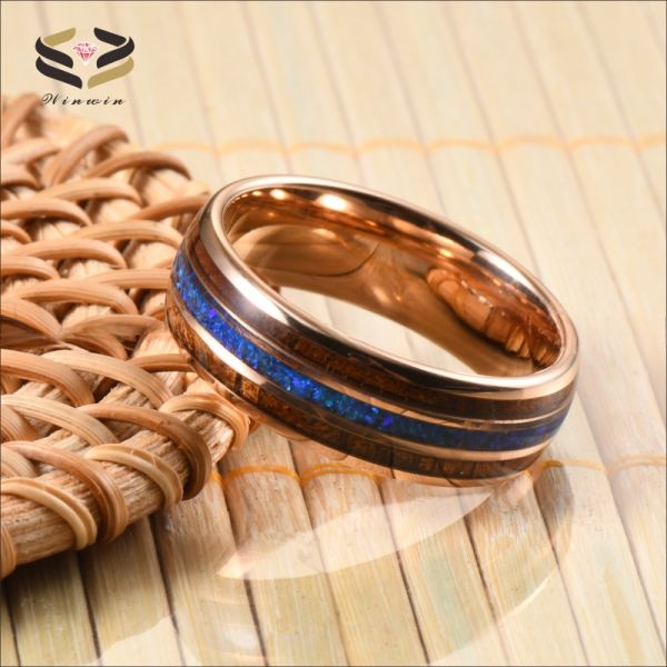 8mm Tungsten Carbide Men Wedding Ring With Hawaiian Koa Wood And Blue Opal Inlay