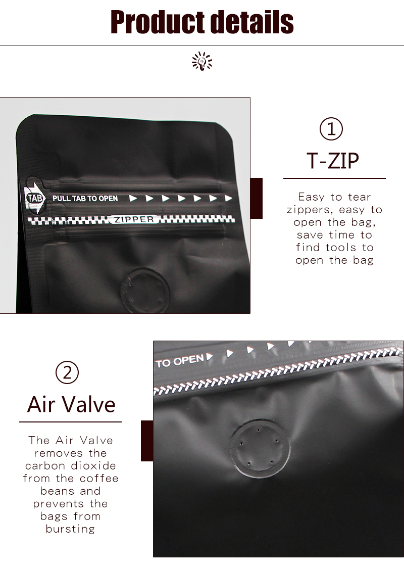 70g-1kg Capacity Flat Bottom Zipper Coffee Pouch Packaging With Air Degassing Valve