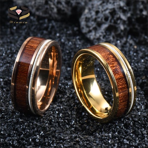 8mm Mens Tungsten Wedding Band Ring Rose Gold Finished With Koa Wood Inlay