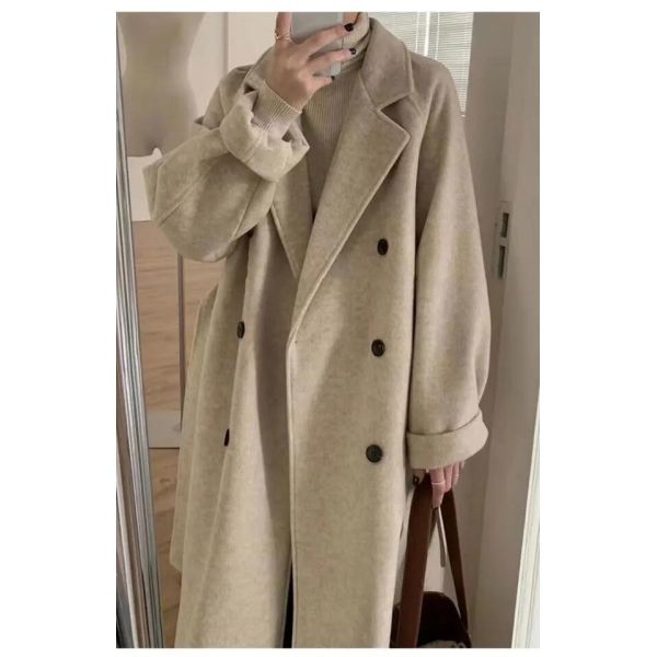 Fall and Winter Woman′s Coats Ladies Jackets Woolen Solid Turn Down Collar Long Coats for Woman