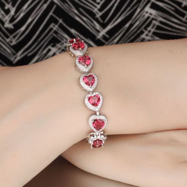 Fashion Platinum Plated Links Chain Heart Shape Red Cubic Zirconia Tennis Bracelet (JDS949RED)