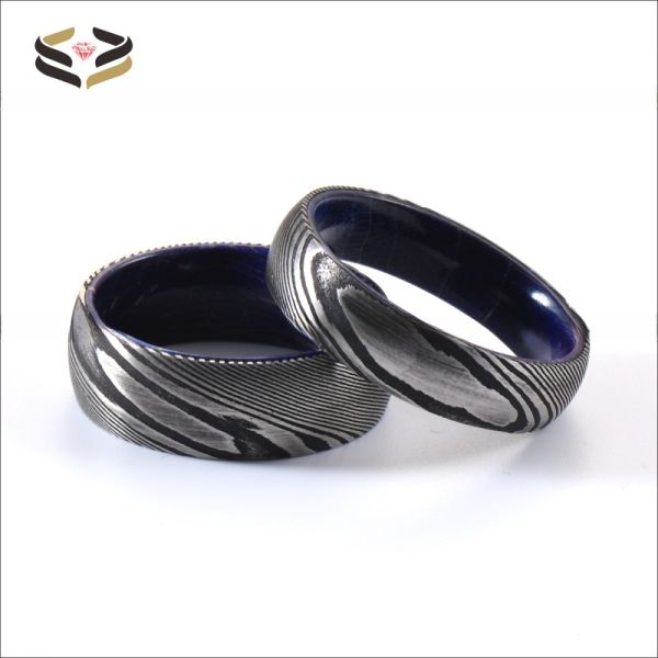 Etched Damascus Wedding Rings 6mm 8mm With Blue Purple Wood Sleeve Inlay