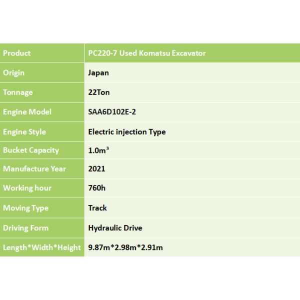 Origin Japan PC220-7 Used Komatsu Excavator PC220-7 Excavator Secondhand Komatsu Excavator PC220-7