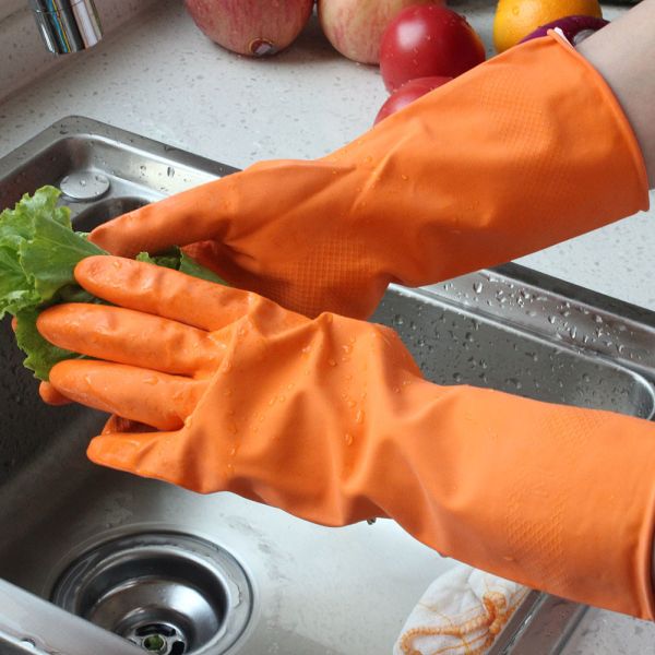 Anti Oil Reusable Long Flock Lined Rubber Gloves , Cotton Lined Dish Gloves