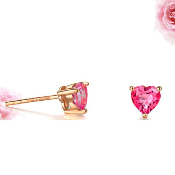 18K Rose Gold Ruby Heart Shape Stud Earrings Women Jewelry(KE001PINK)
