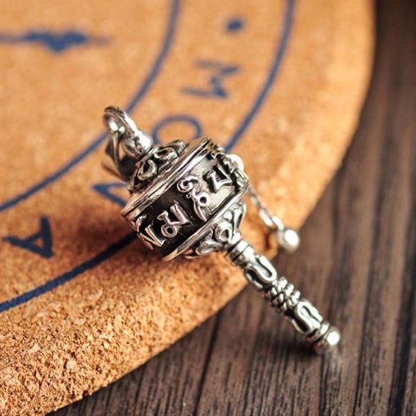 Sterling Silver Antique-like Vintage Prayer Wheels 925 Silver Wheat Chain Pendant Necklace(N6030807)