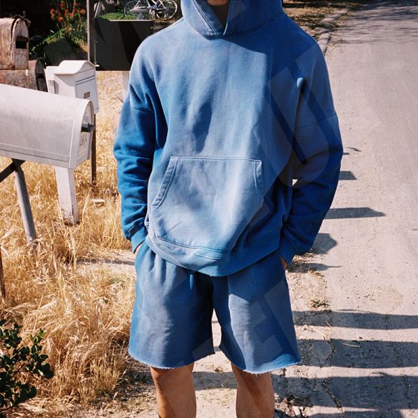 Custom Sun Faded French Terry Sweatsuits Acid Wash 100% Cotton Hoodie Distressed Cut Edge Shorts Jogger Sets Tracksuit for Men