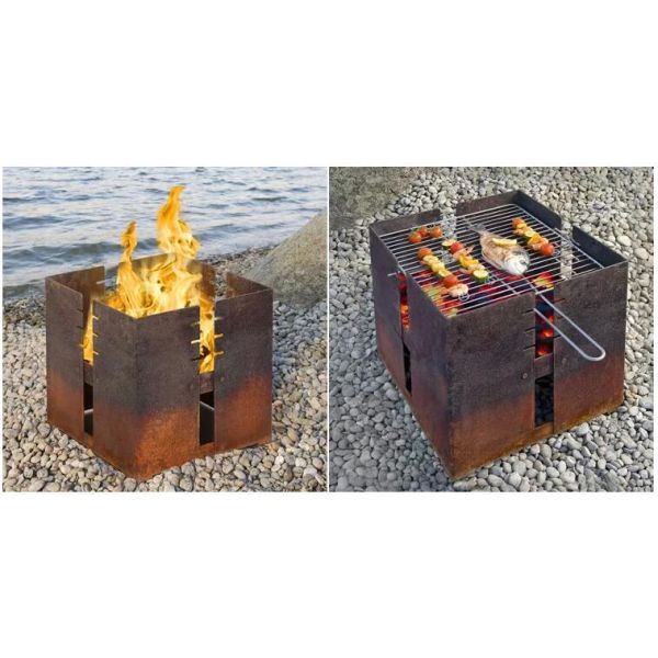 Pre Rusted Square Corten Steel Fire Pit And Grill Charcoal Burning