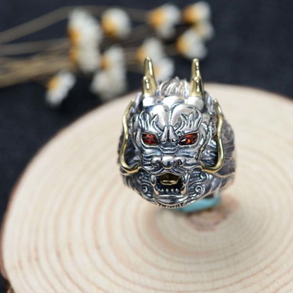 Sterling Silver Brass 2 Tone Dragon Head Engraved Vintage Ring for Men(059118)